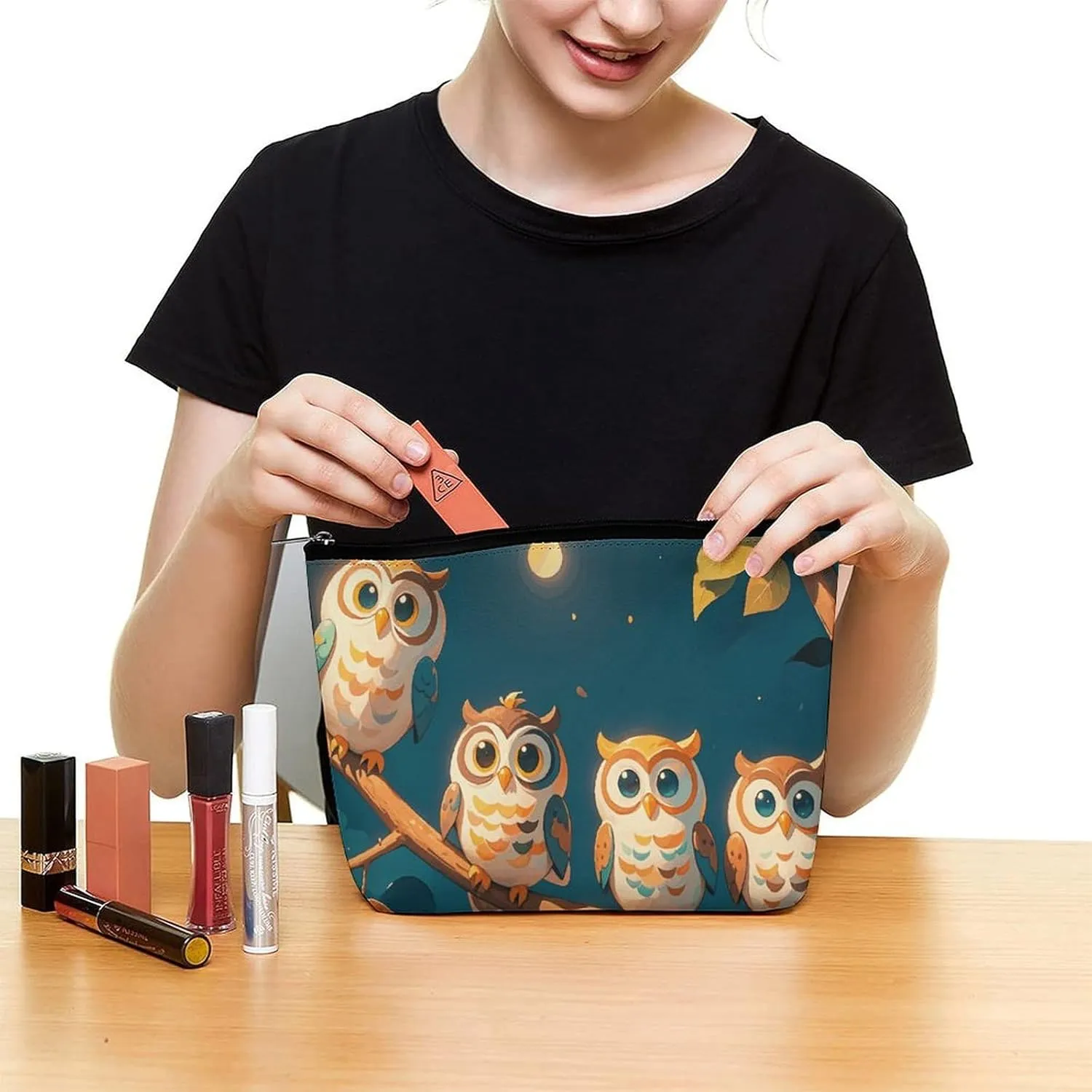 Small Cosmetic Bag Elegant Roomy Owls On Branches Makeup Bags Portable Zipper Pouch Lipstick Bag Travel Toiletry Bag for Best Friend Gift