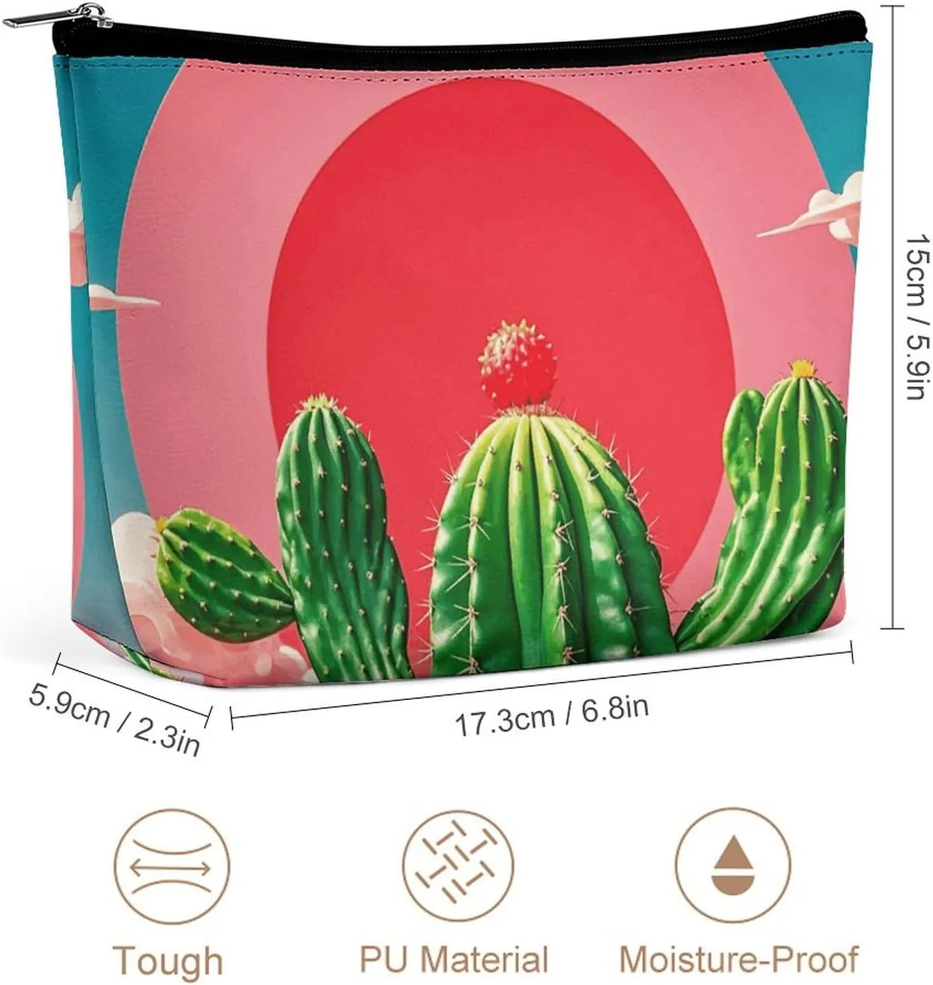 Small Cosmetic Bag Elegant Roomy Tropical Cactus Red Sun Makeup Bags Portable Zipper Pouch Lipstick Bag Travel Toiletry Bag for Best Friend Gift