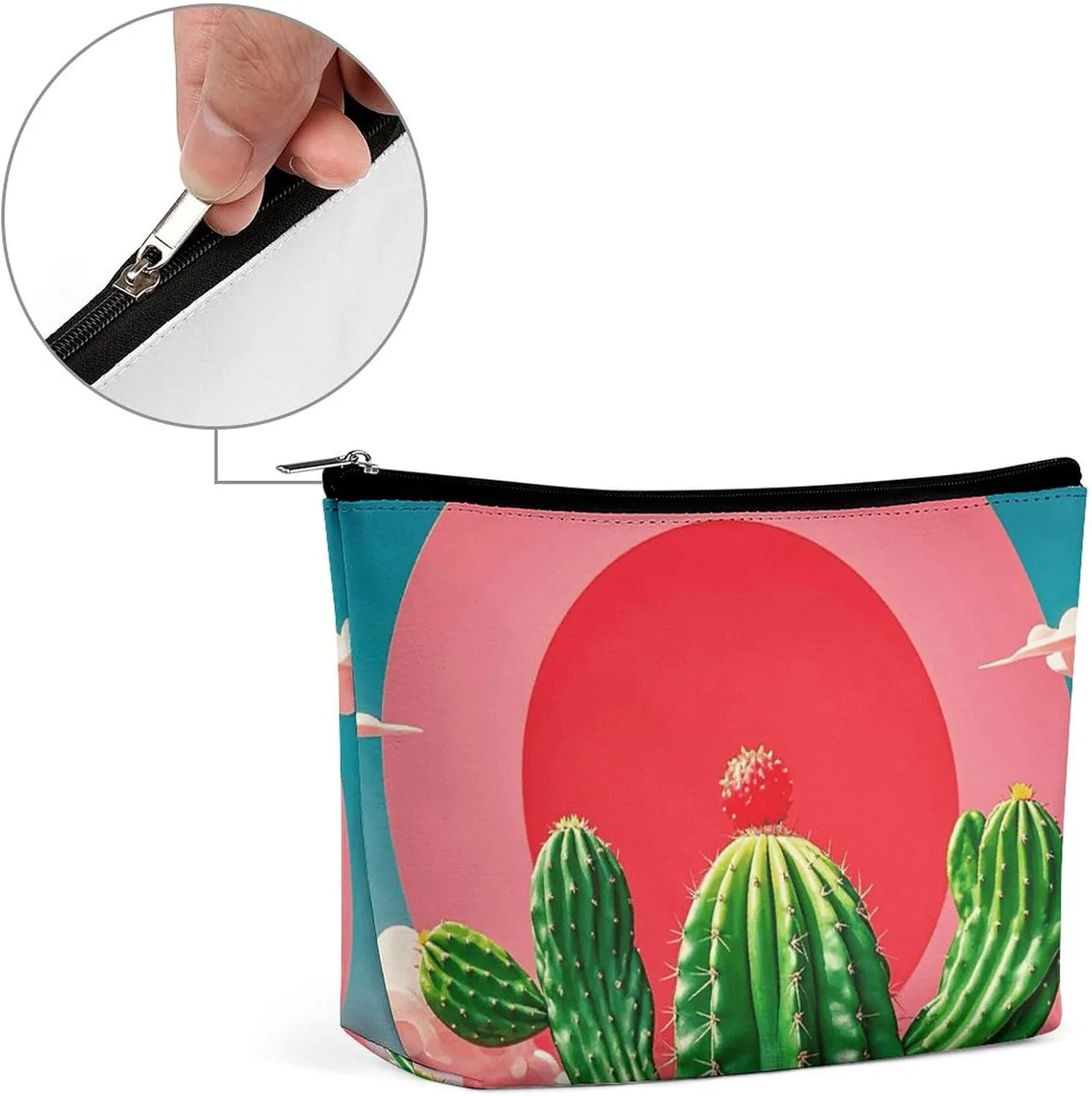 Small Cosmetic Bag Elegant Roomy Tropical Cactus Red Sun Makeup Bags Portable Zipper Pouch Lipstick Bag Travel Toiletry Bag for Best Friend Gift