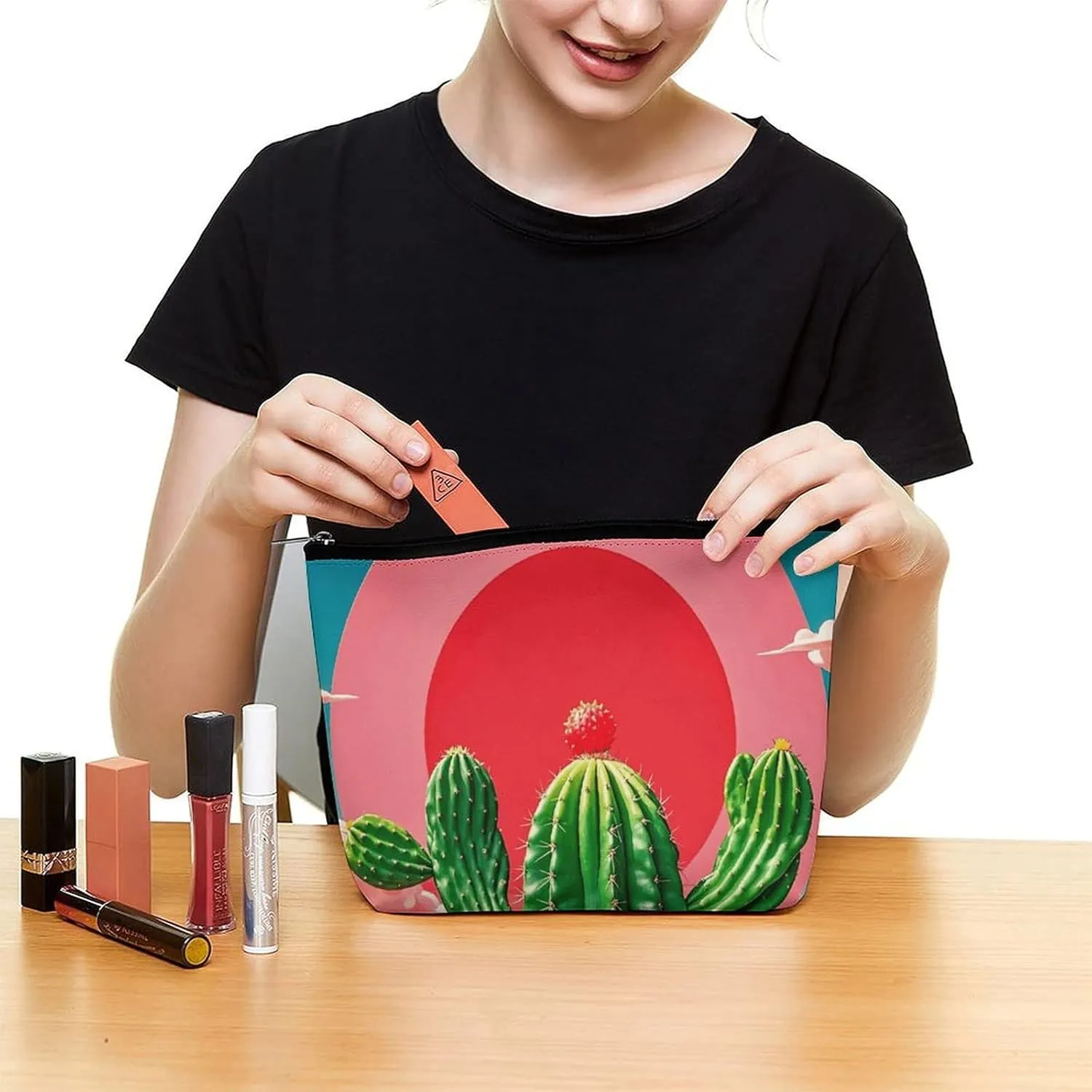 Small Cosmetic Bag Elegant Roomy Tropical Cactus Red Sun Makeup Bags Portable Zipper Pouch Lipstick Bag Travel Toiletry Bag for Best Friend Gift