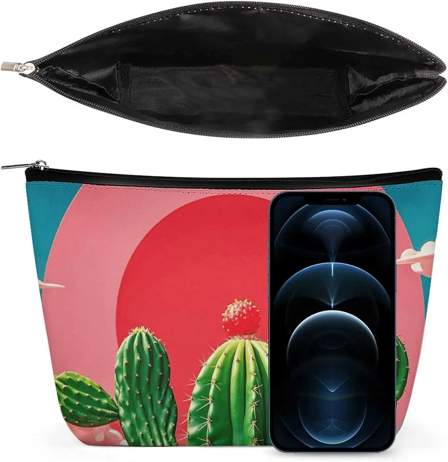 Small Cosmetic Bag Elegant Roomy Tropical Cactus Red Sun Makeup Bags Portable Zipper Pouch Lipstick Bag Travel Toiletry Bag for Best Friend Gift
