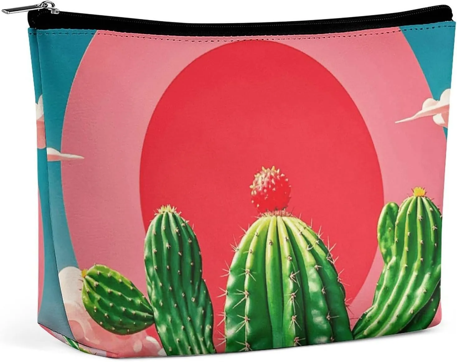 Small Cosmetic Bag Elegant Roomy Tropical Cactus Red Sun Makeup Bags Portable Zipper Pouch Lipstick Bag Travel Toiletry Bag for Best Friend Gift