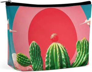 Small Cosmetic Bag Elegant Roomy Tropical Cactus Red Sun Makeup Bags Portable Zipper Pouch Lipstick Bag Travel Toiletry Bag for Best Friend Gift