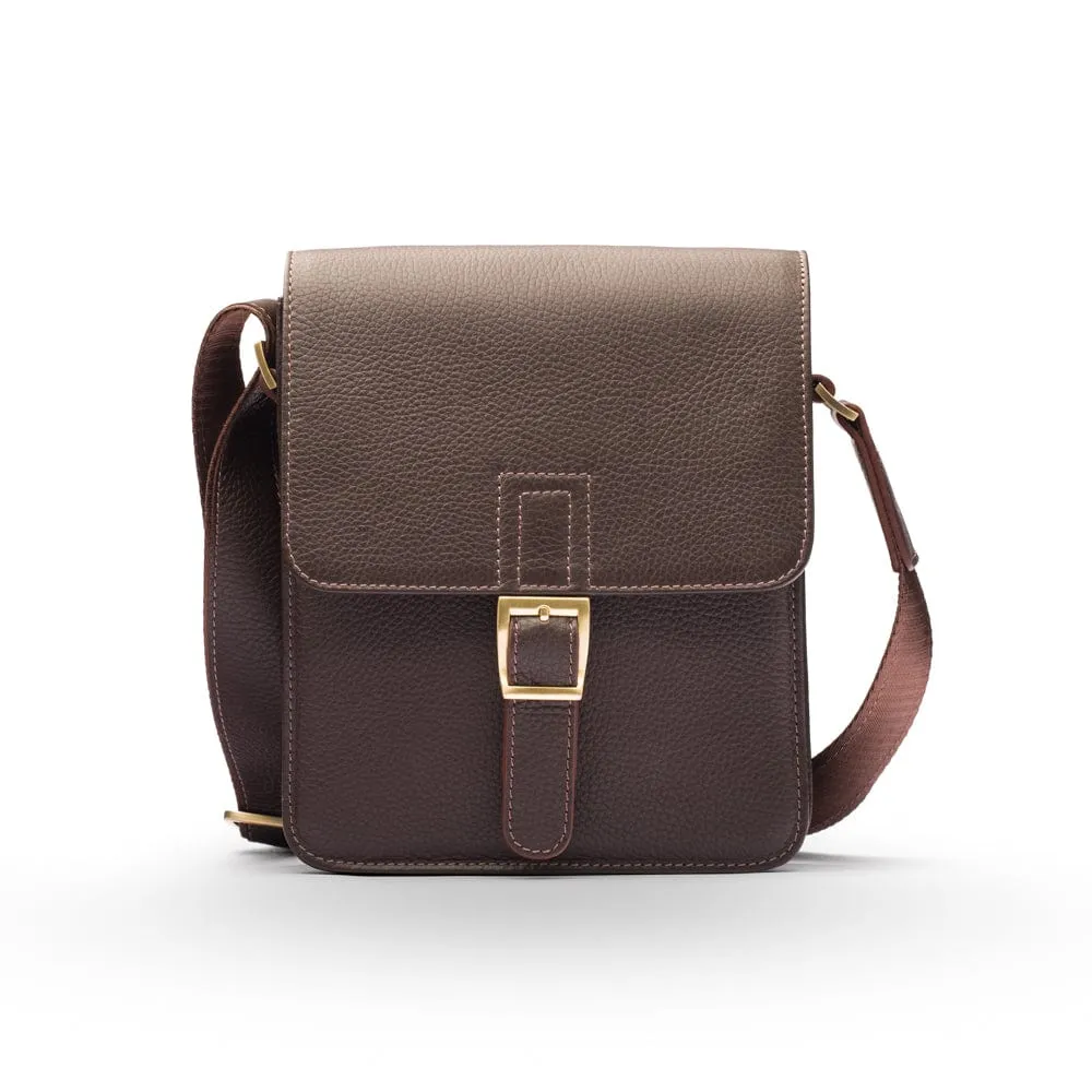 Small Leather Messenger Bag With Buckle - Brown Pebble Grain