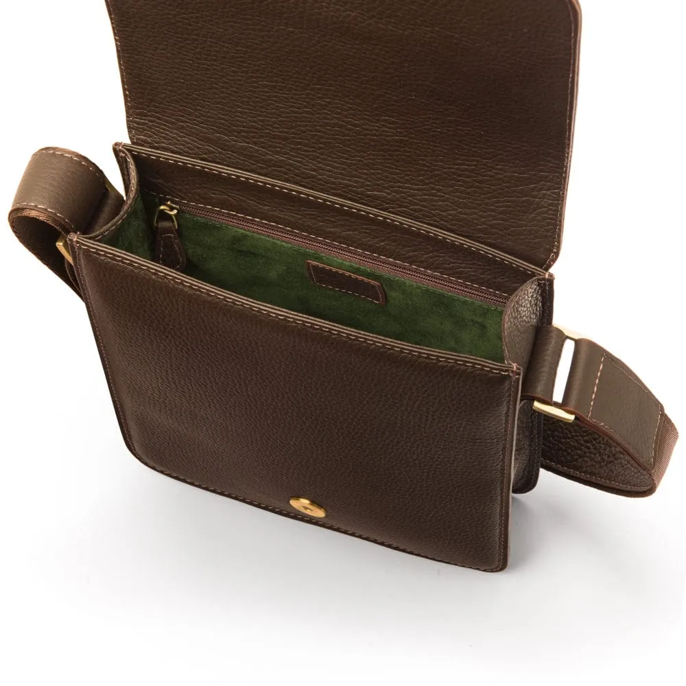 Small Leather Messenger Bag With Buckle - Brown Pebble Grain