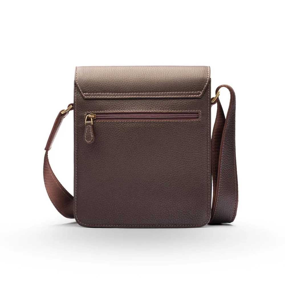Small Leather Messenger Bag With Buckle - Brown Pebble Grain