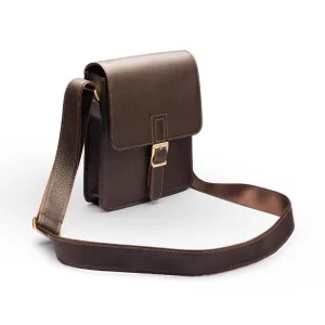 Small Leather Messenger Bag With Buckle - Brown Pebble Grain