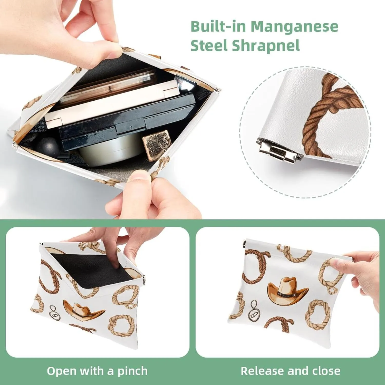 Small Pocket Cosmetic Bag, Squeeze Top Travel Makeup Bag for Purse, No Zipper Self-Closing Mini Makeup Pouch for Women Girls, Western Cowboy Hats and Rope Pattern