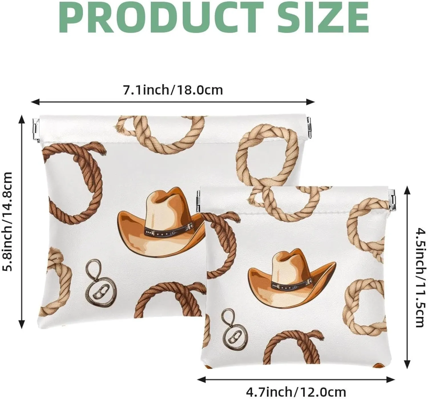 Small Pocket Cosmetic Bag, Squeeze Top Travel Makeup Bag for Purse, No Zipper Self-Closing Mini Makeup Pouch for Women Girls, Western Cowboy Hats and Rope Pattern