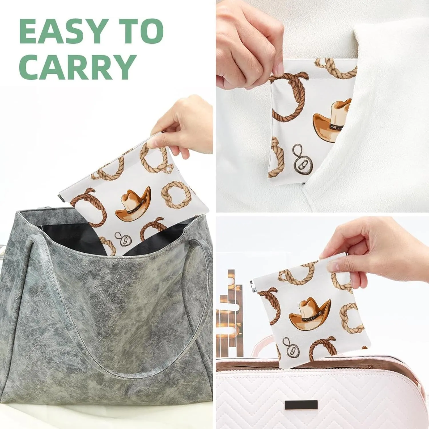 Small Pocket Cosmetic Bag, Squeeze Top Travel Makeup Bag for Purse, No Zipper Self-Closing Mini Makeup Pouch for Women Girls, Western Cowboy Hats and Rope Pattern