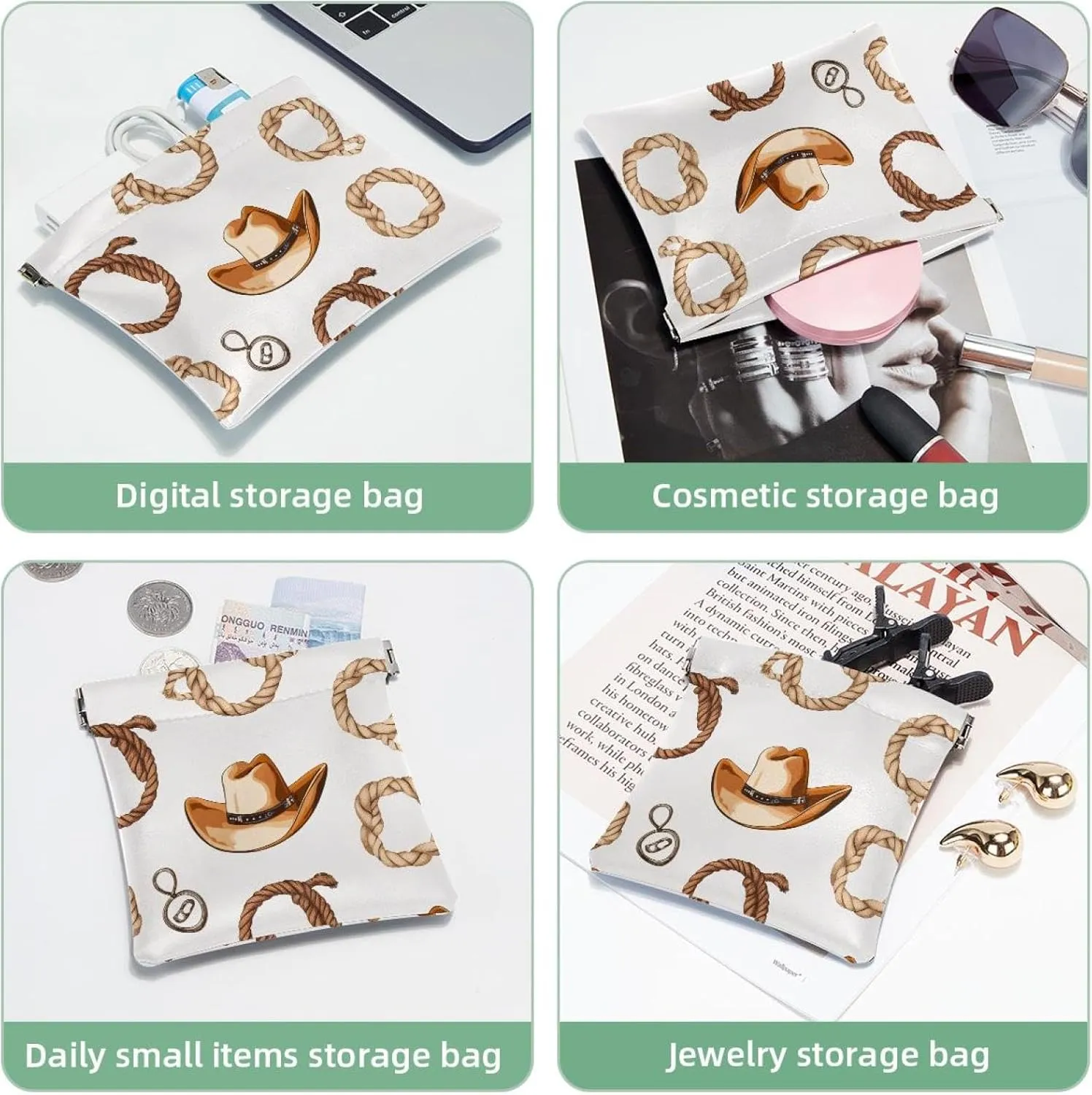 Small Pocket Cosmetic Bag, Squeeze Top Travel Makeup Bag for Purse, No Zipper Self-Closing Mini Makeup Pouch for Women Girls, Western Cowboy Hats and Rope Pattern