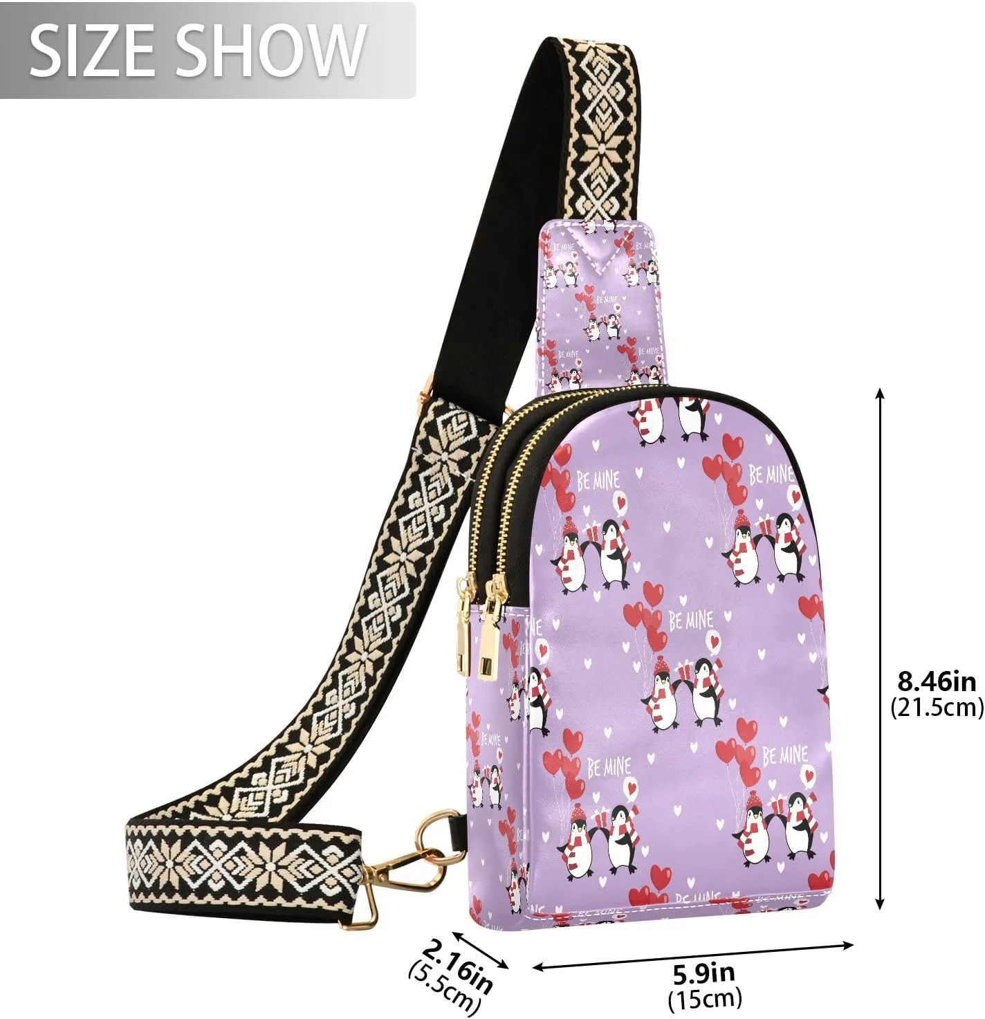 Small Sling Bag for Women Valentine Penguins Couple Trendy Crossbody Bag Fanny Pack with Guitar Strap Be Mine Leather Chest Bag for Women Outdoor Travel Outfit