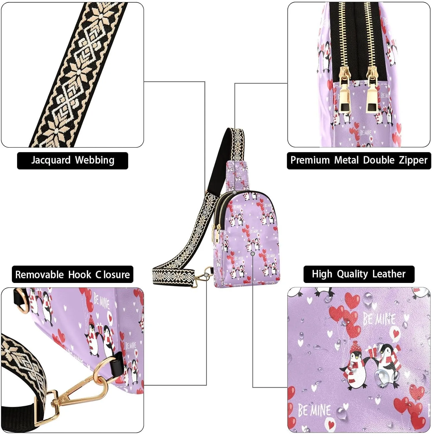 Small Sling Bag for Women Valentine Penguins Couple Trendy Crossbody Bag Fanny Pack with Guitar Strap Be Mine Leather Chest Bag for Women Outdoor Travel Outfit