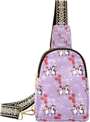 Small Sling Bag for Women Valentine Penguins Couple Trendy Crossbody Bag Fanny Pack with Guitar Strap Be Mine Leather Chest Bag for Women Outdoor Travel Outfit