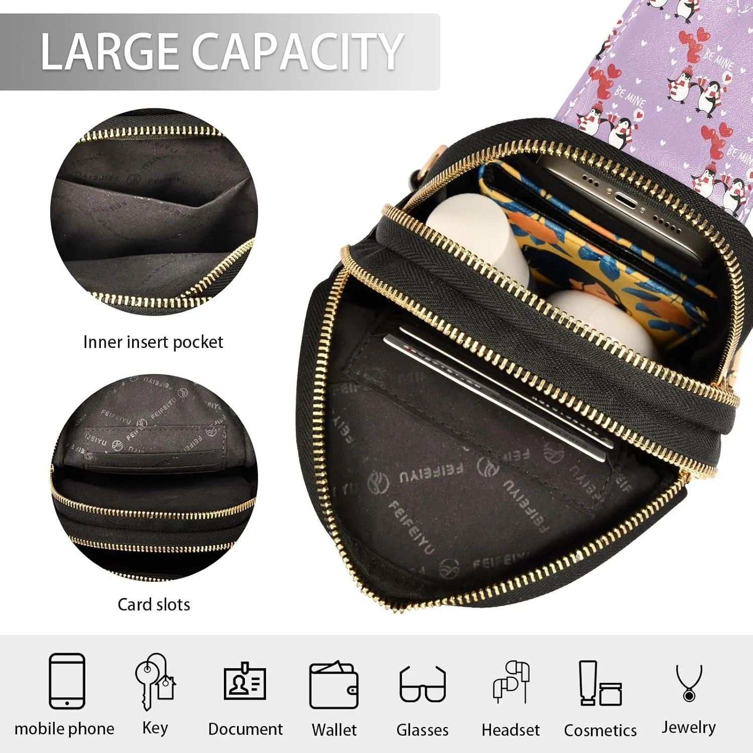 Small Sling Bag for Women Valentine Penguins Couple Trendy Crossbody Bag Fanny Pack with Guitar Strap Be Mine Leather Chest Bag for Women Outdoor Travel Outfit