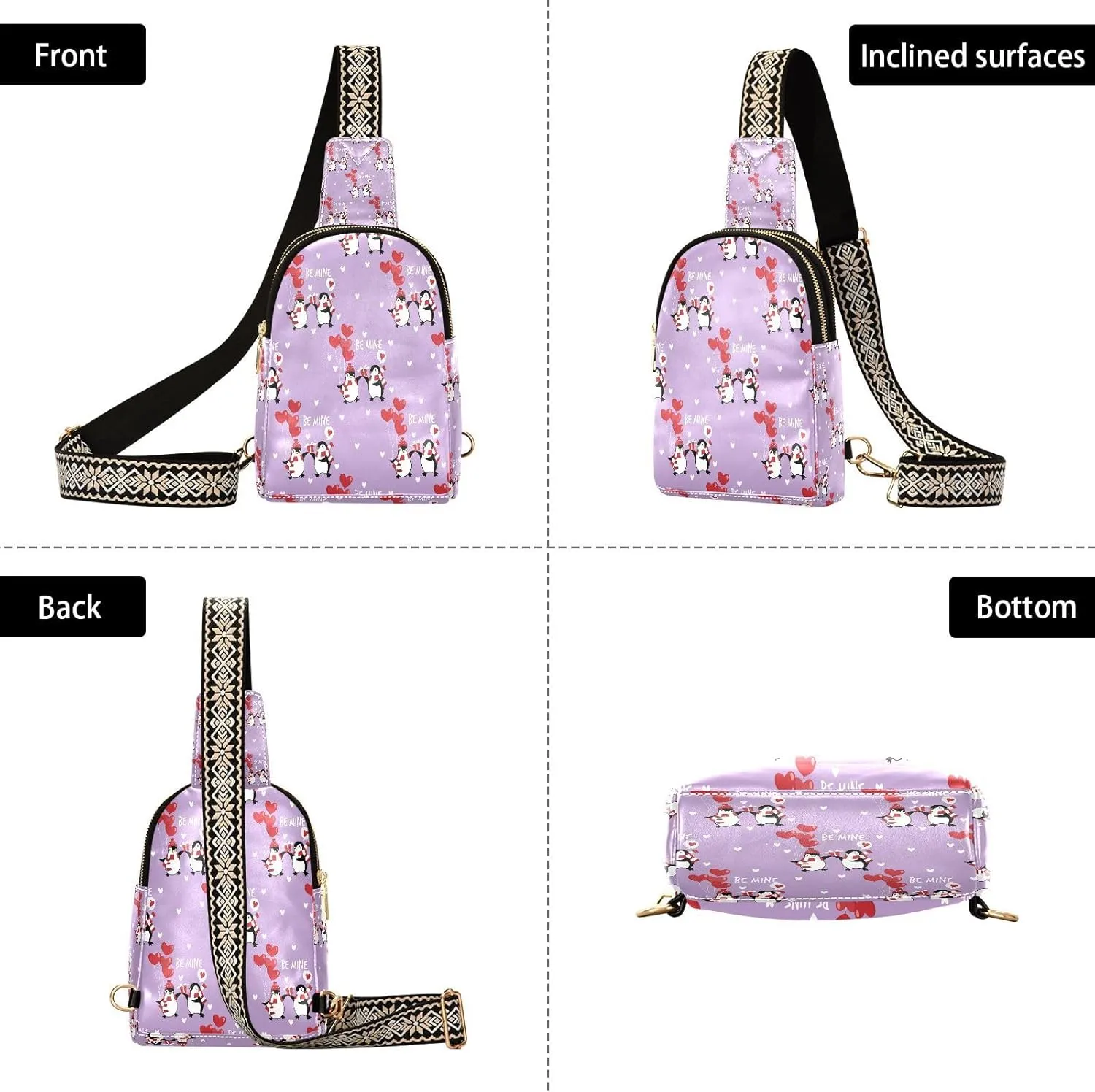 Small Sling Bag for Women Valentine Penguins Couple Trendy Crossbody Bag Fanny Pack with Guitar Strap Be Mine Leather Chest Bag for Women Outdoor Travel Outfit