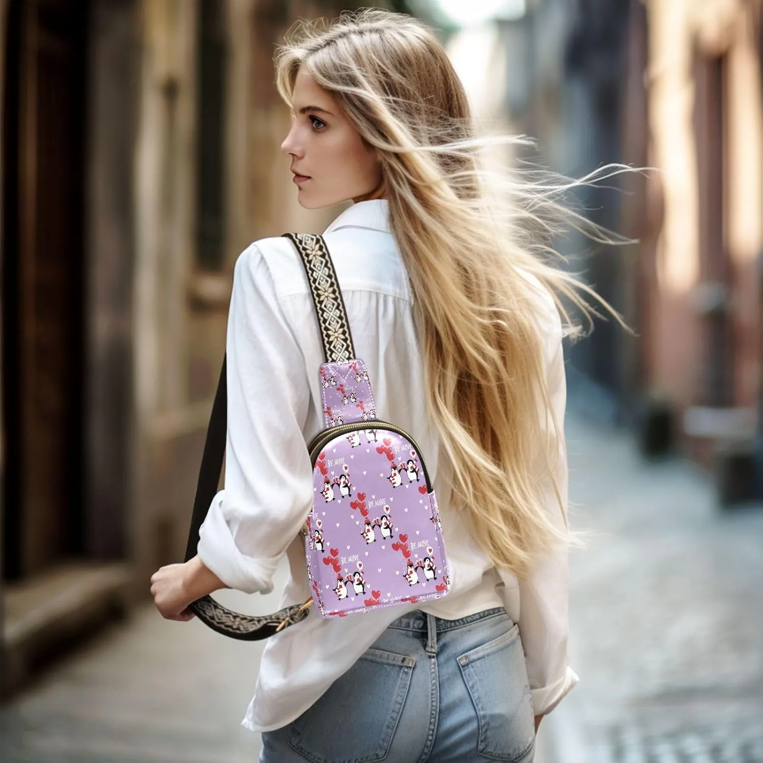 Small Sling Bag for Women Valentine Penguins Couple Trendy Crossbody Bag Fanny Pack with Guitar Strap Be Mine Leather Chest Bag for Women Outdoor Travel Outfit