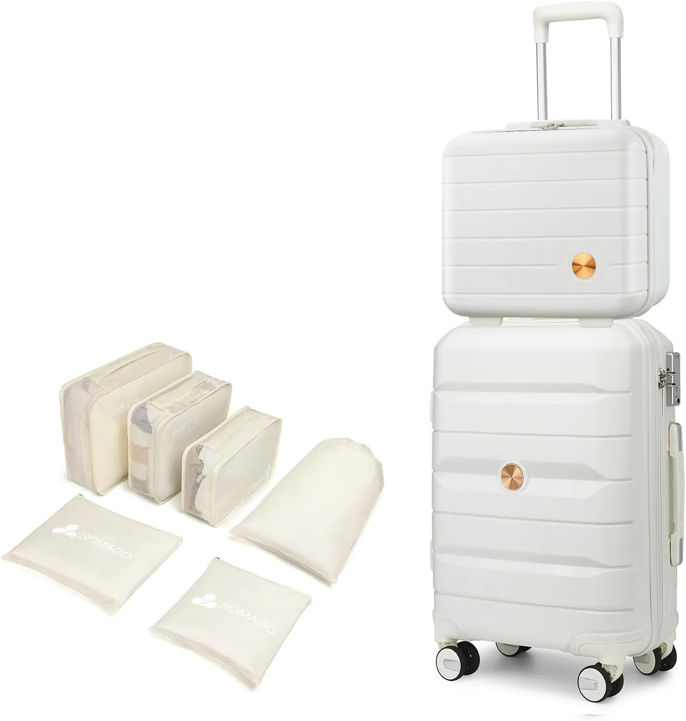 Somago 20 Inch Carry On Luggage Sets Hardside Suitcase with Double Spinner Wheels and TSA Lock YKK Zipper (Creamy White,14/20)