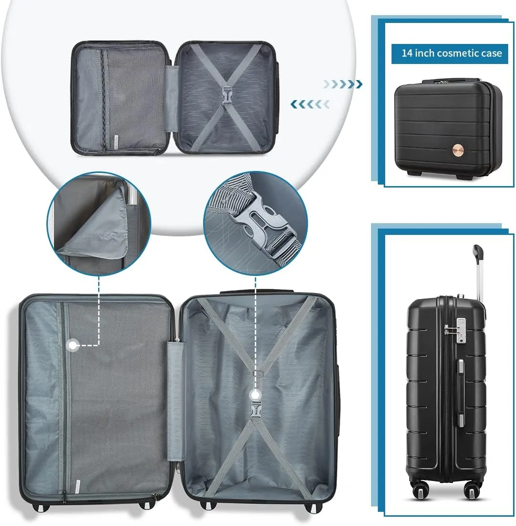 Somago Luggage Sets 3 Piece Hard Shell Polypropylene Suitcase with TSA Lock Spinner Carry On Luggage with Beauty Case Travel Set,Classic Black