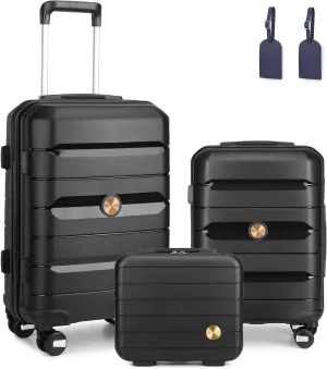 Somago Luggage Sets 3 Piece Hard Shell Polypropylene Suitcase with TSA Lock Spinner Carry On Luggage with Beauty Case Travel Set,Classic Black