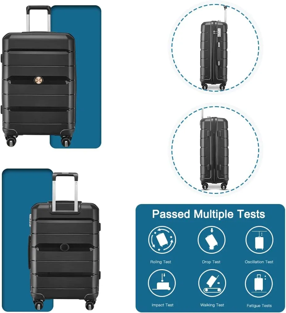 Somago Luggage Sets 3 Piece Hard Shell Polypropylene Suitcase with TSA Lock Spinner Carry On Luggage with Beauty Case Travel Set,Classic Black