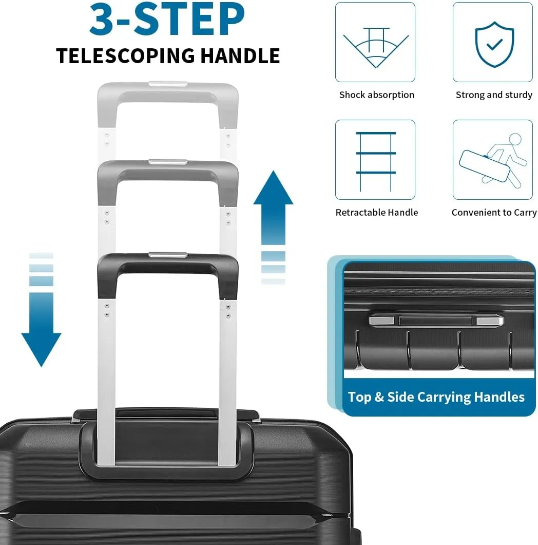 Somago Luggage Sets 3 Piece Hard Shell Polypropylene Suitcase with TSA Lock Spinner Carry On Luggage with Beauty Case Travel Set,Classic Black