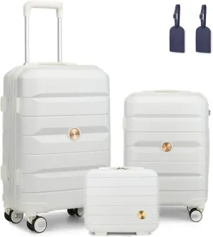 Somago Luggage Sets 3 Piece Hard Shell Polypropylene Suitcase with TSA Lock Spinner Carry On Luggage with Beauty Case Travel Set,Creamy White