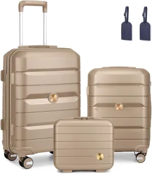 Somago Luggage Sets 3 Piece Hard Shell Polypropylene Suitcase with TSA Lock Spinner Carry On Luggage with Beauty Case Travel Set,Noble Golden