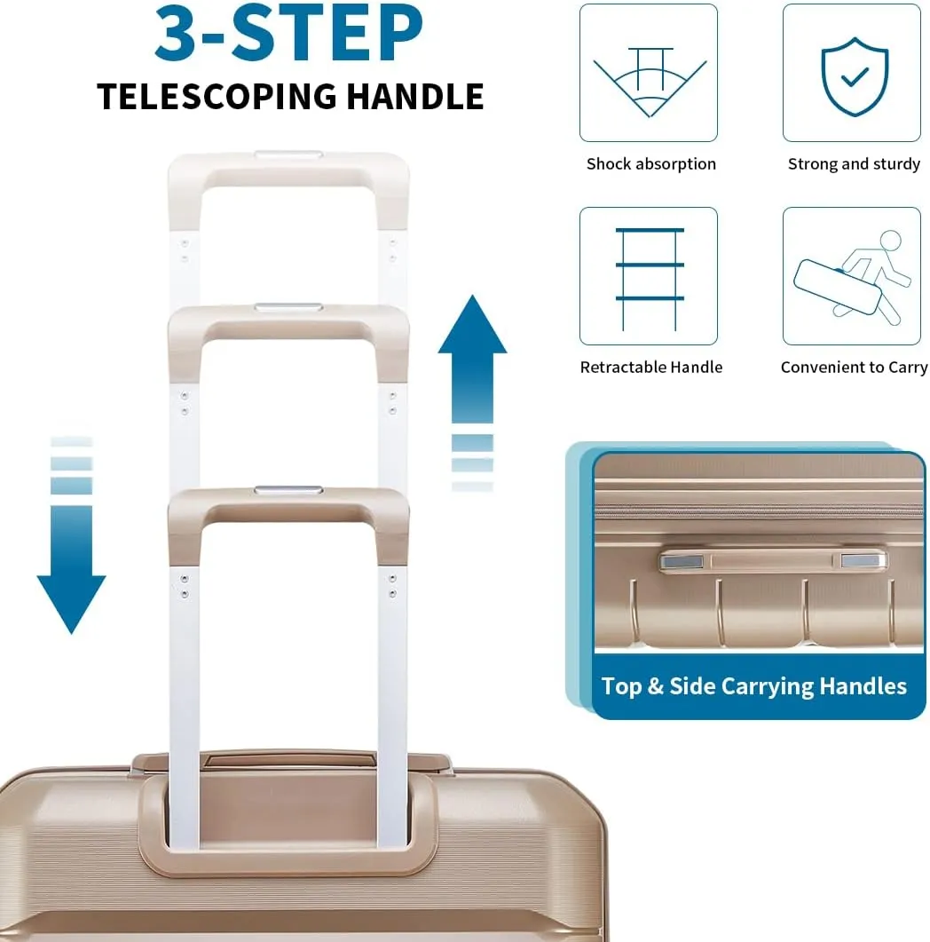 Somago Luggage Sets 3 Piece Hard Shell Polypropylene Suitcase with TSA Lock Spinner Carry On Luggage with Beauty Case Travel Set,Noble Golden
