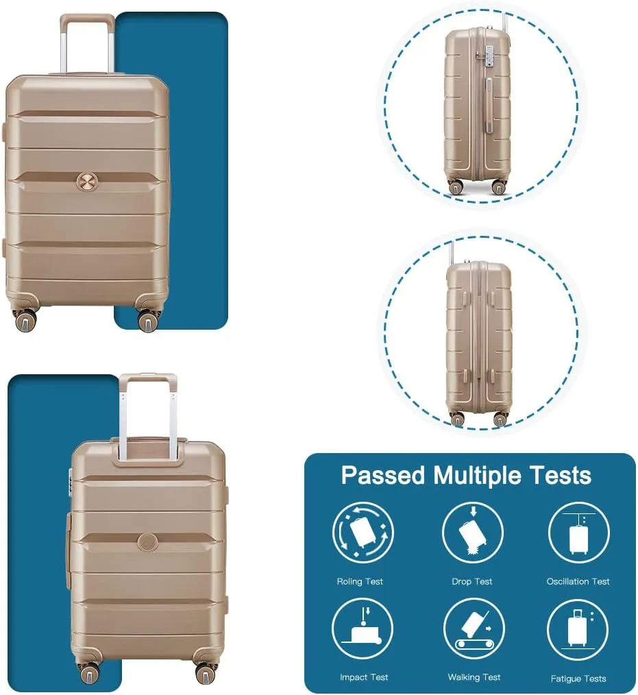 Somago Luggage Sets 3 Piece Hard Shell Polypropylene Suitcase with TSA Lock Spinner Carry On Luggage with Beauty Case Travel Set,Noble Golden