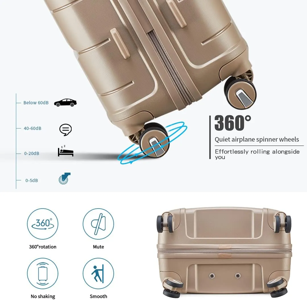 Somago Luggage Sets 3 Piece Hard Shell Polypropylene Suitcase with TSA Lock Spinner Carry On Luggage with Beauty Case Travel Set,Noble Golden