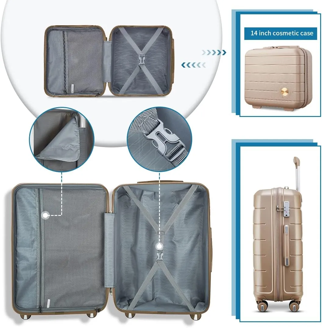 Somago Luggage Sets 3 Piece Hard Shell Polypropylene Suitcase with TSA Lock Spinner Carry On Luggage with Beauty Case Travel Set,Noble Golden