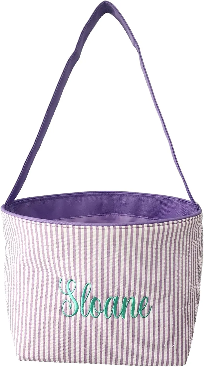 SONA G DESIGNS Personalize with a Name Seersucker Stripe Fabric Easter Basket Bucket Tote Bag - Egg Collecting