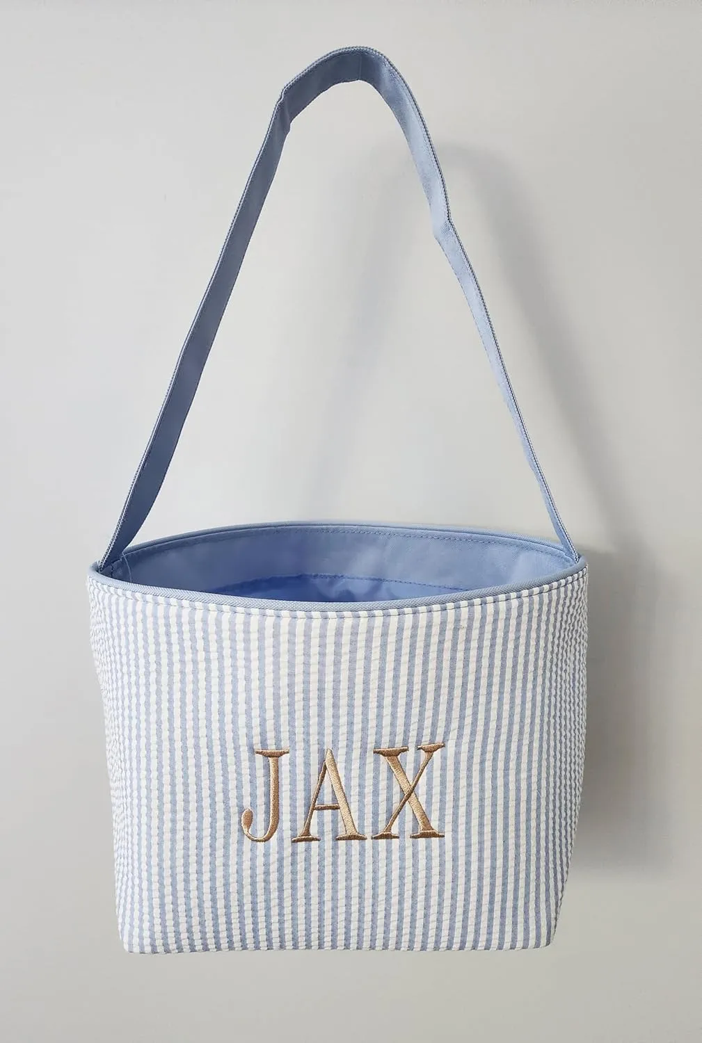 SONA G DESIGNS Personalize with a Name Seersucker Stripe Fabric Easter Basket Bucket Tote Bag - Egg Collecting