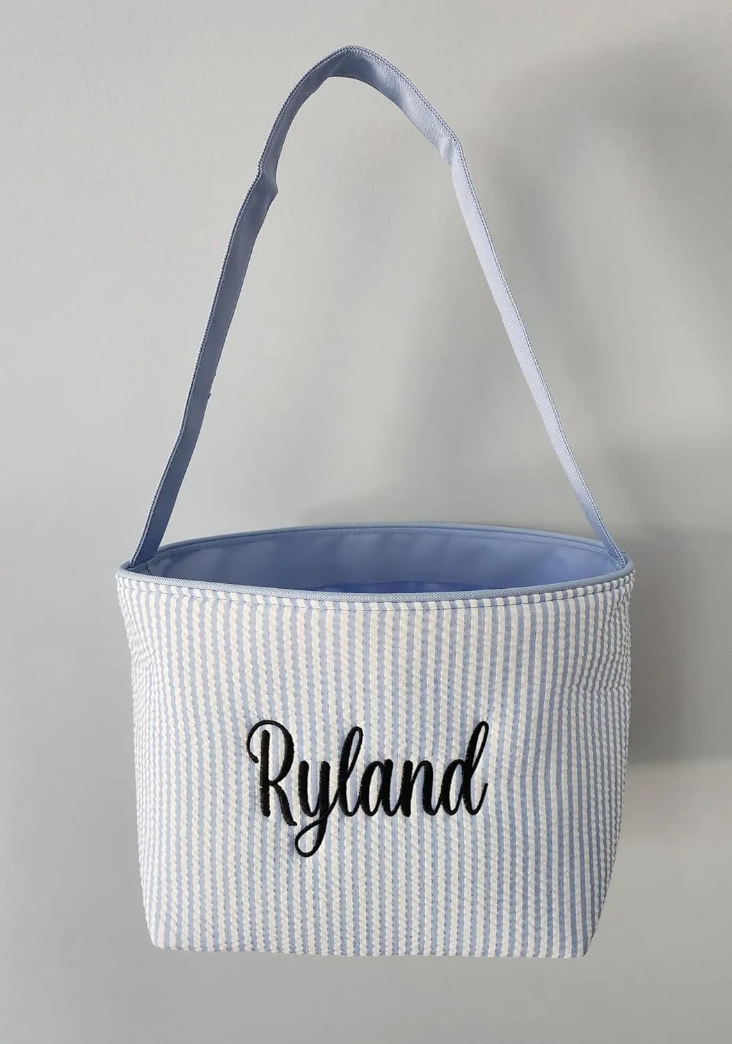 SONA G DESIGNS Personalize with a Name Seersucker Stripe Fabric Easter Basket Bucket Tote Bag - Egg Collecting