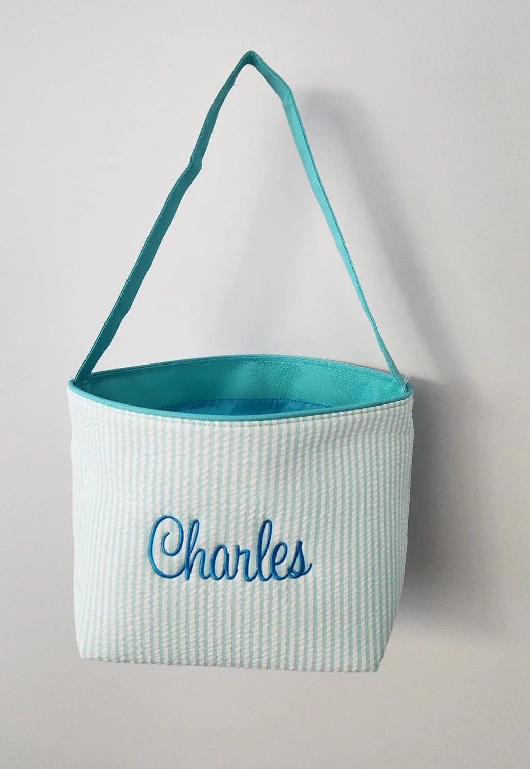 SONA G DESIGNS Personalize with a Name Seersucker Stripe Fabric Easter Basket Bucket Tote Bag - Egg Collecting