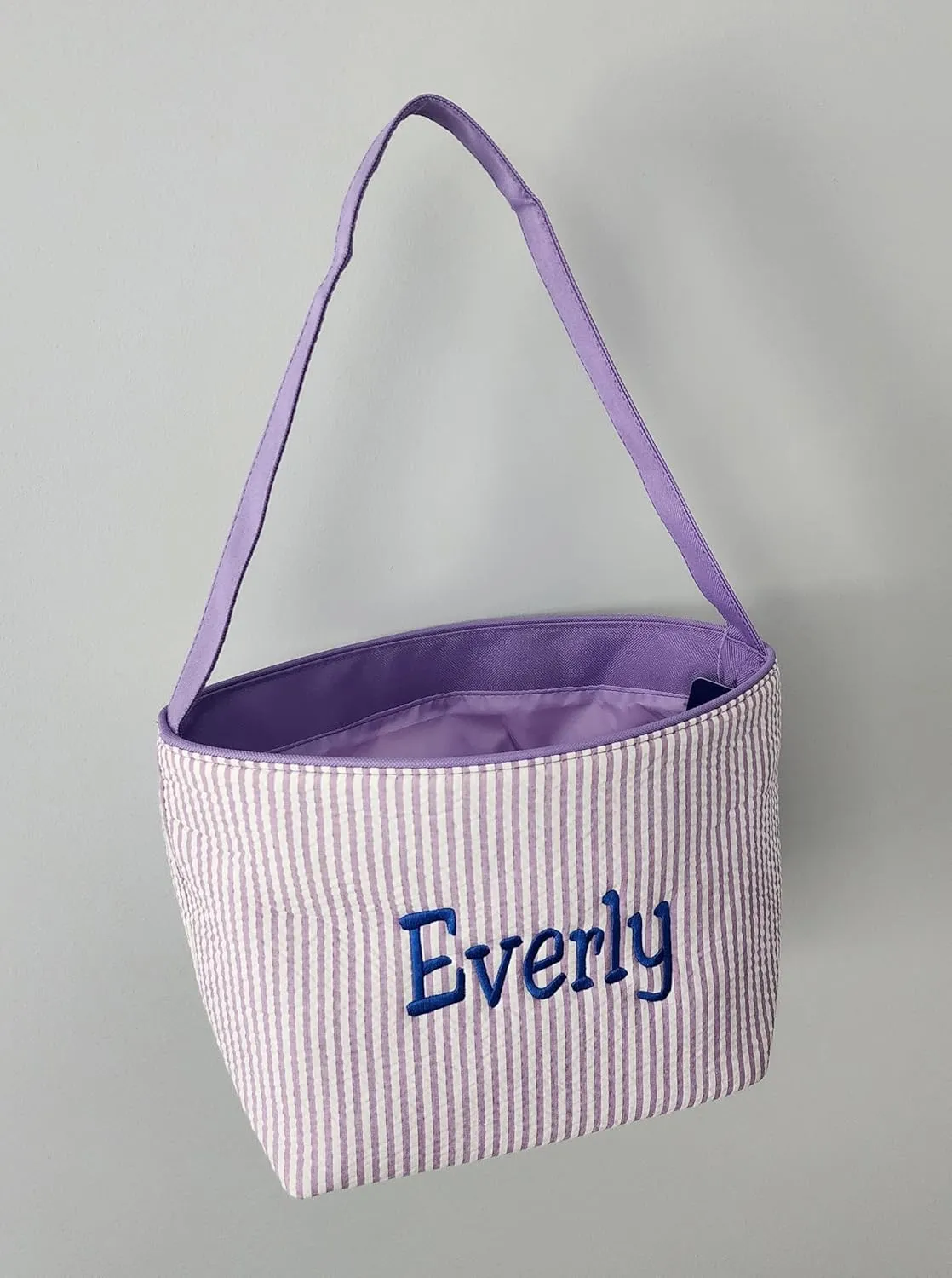 SONA G DESIGNS Personalize with a Name Seersucker Stripe Fabric Easter Basket Bucket Tote Bag - Egg Collecting