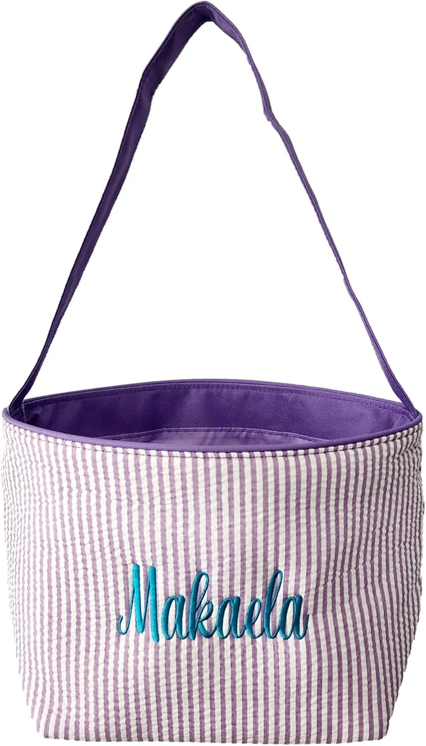 SONA G DESIGNS Personalize with a Name Seersucker Stripe Fabric Easter Basket Bucket Tote Bag - Egg Collecting