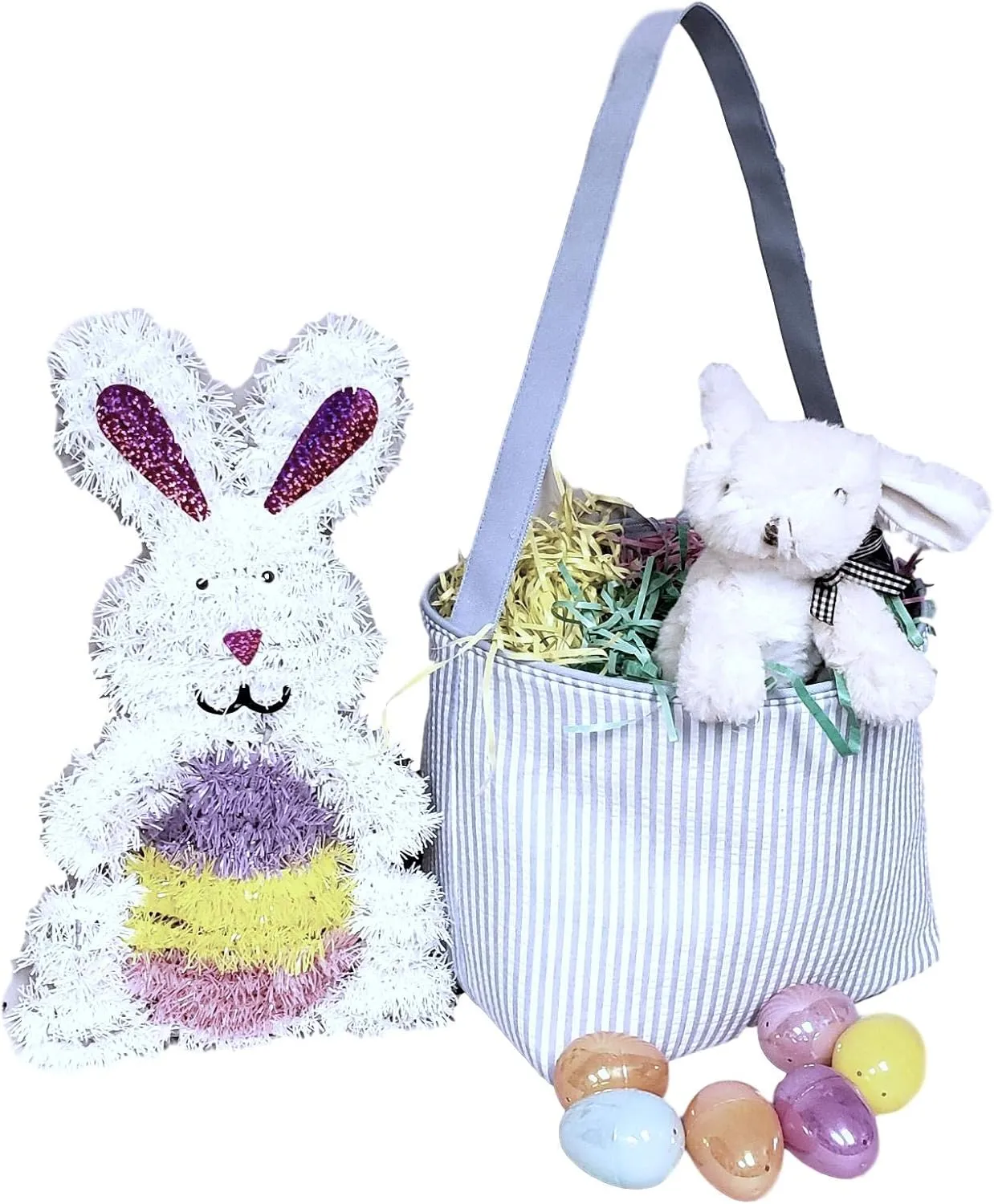 SONA G DESIGNS Personalize with a Name Seersucker Stripe Fabric Easter Basket Bucket Tote Bag - Egg Collecting