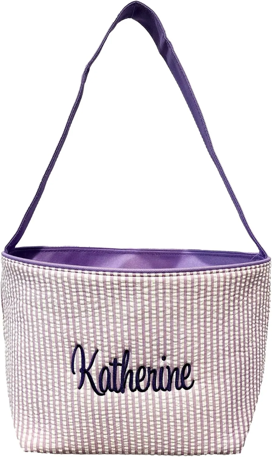 SONA G DESIGNS Personalize with a Name Seersucker Stripe Fabric Easter Basket Bucket Tote Bag - Egg Collecting