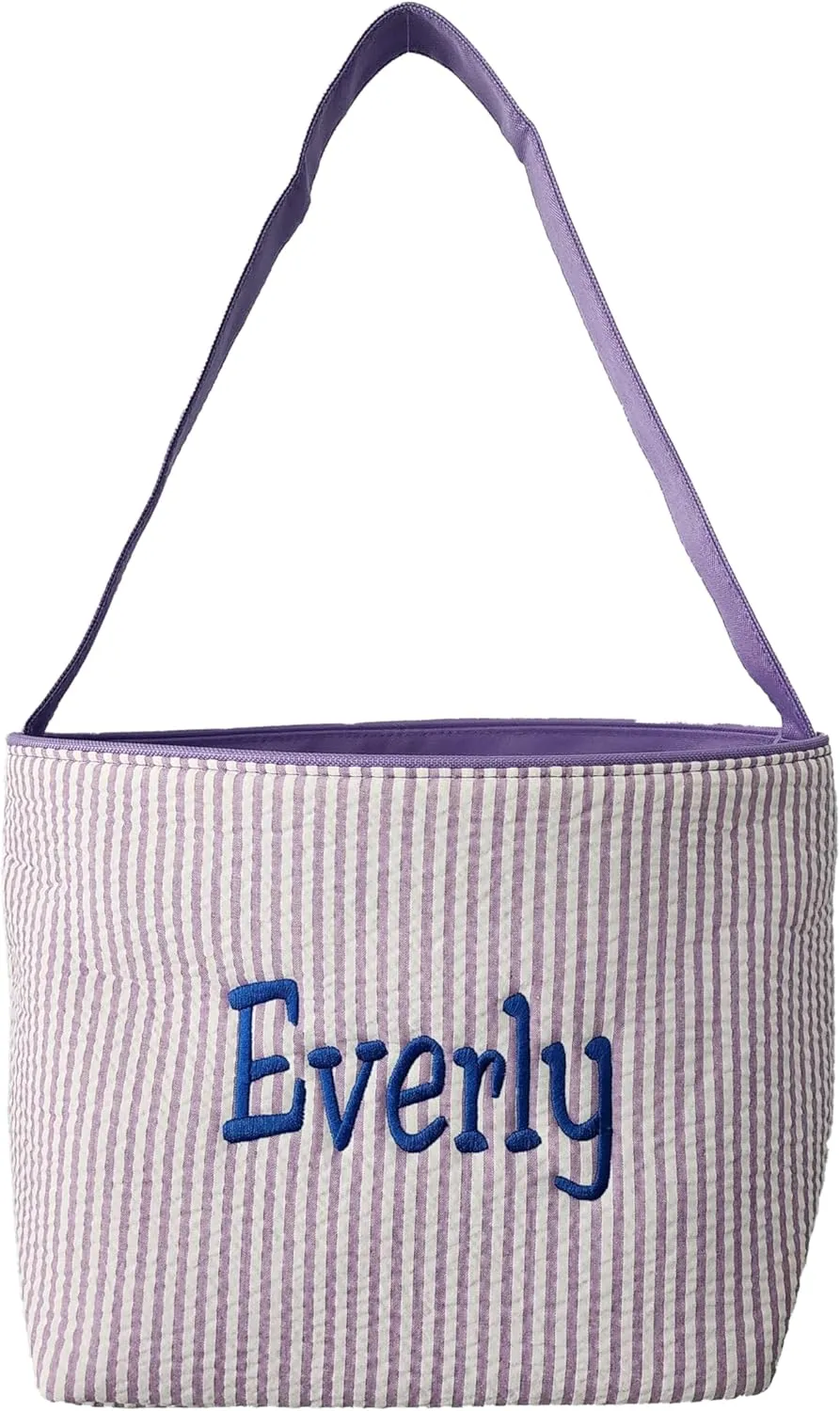 SONA G DESIGNS Personalize with a Name Seersucker Stripe Fabric Easter Basket Bucket Tote Bag - Egg Collecting