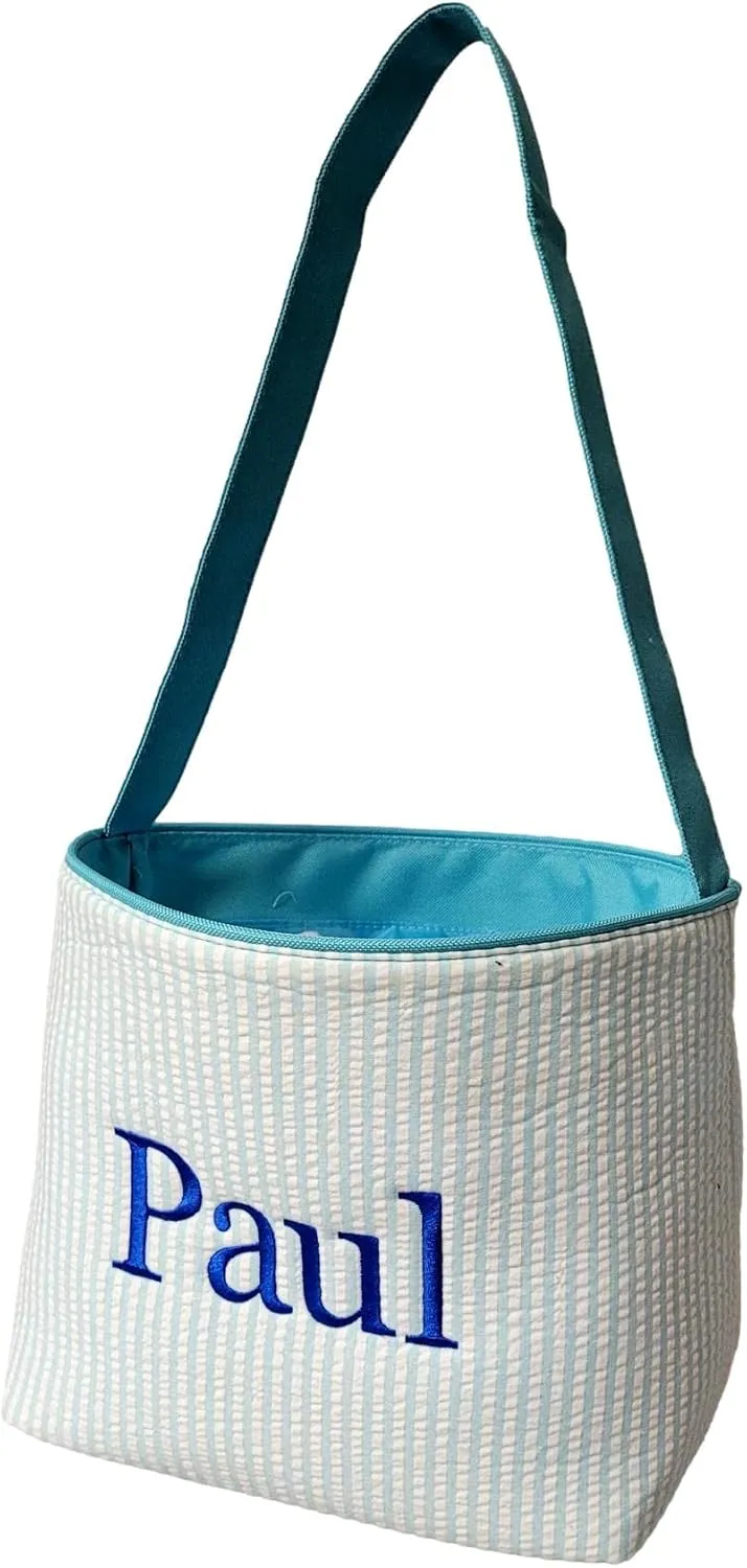 SONA G DESIGNS Personalize with a Name Seersucker Stripe Fabric Easter Basket Bucket Tote Bag - Egg Collecting