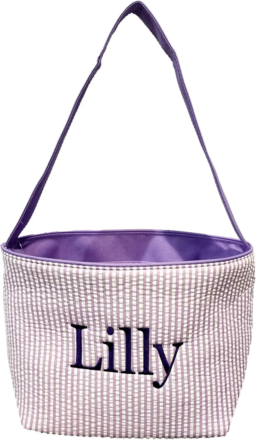 SONA G DESIGNS Personalize with a Name Seersucker Stripe Fabric Easter Basket Bucket Tote Bag - Egg Collecting
