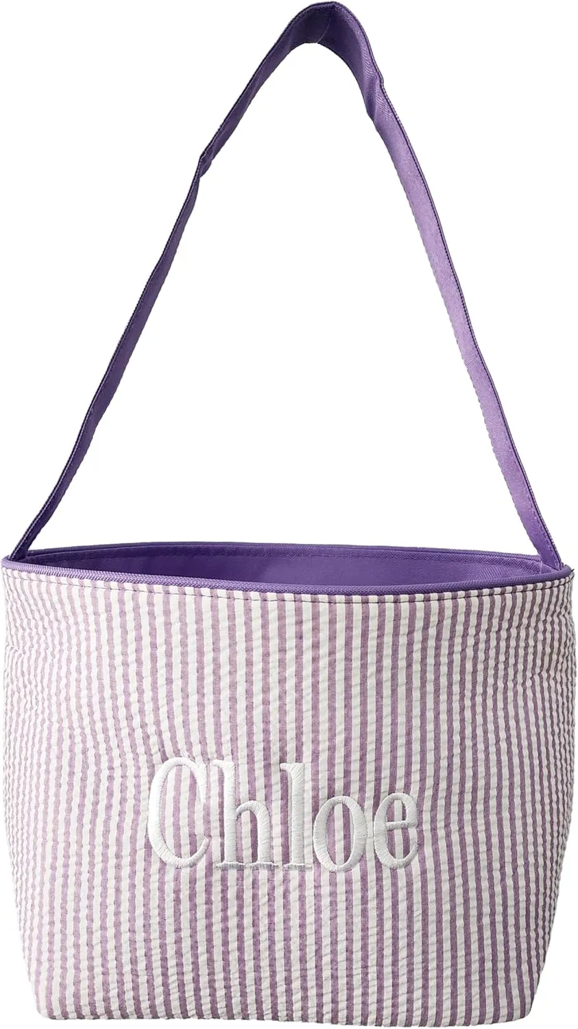 SONA G DESIGNS Personalize with a Name Seersucker Stripe Fabric Easter Basket Bucket Tote Bag - Egg Collecting