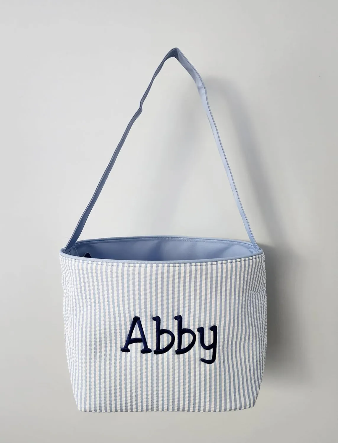 SONA G DESIGNS Personalize with a Name Seersucker Stripe Fabric Easter Basket Bucket Tote Bag - Egg Collecting
