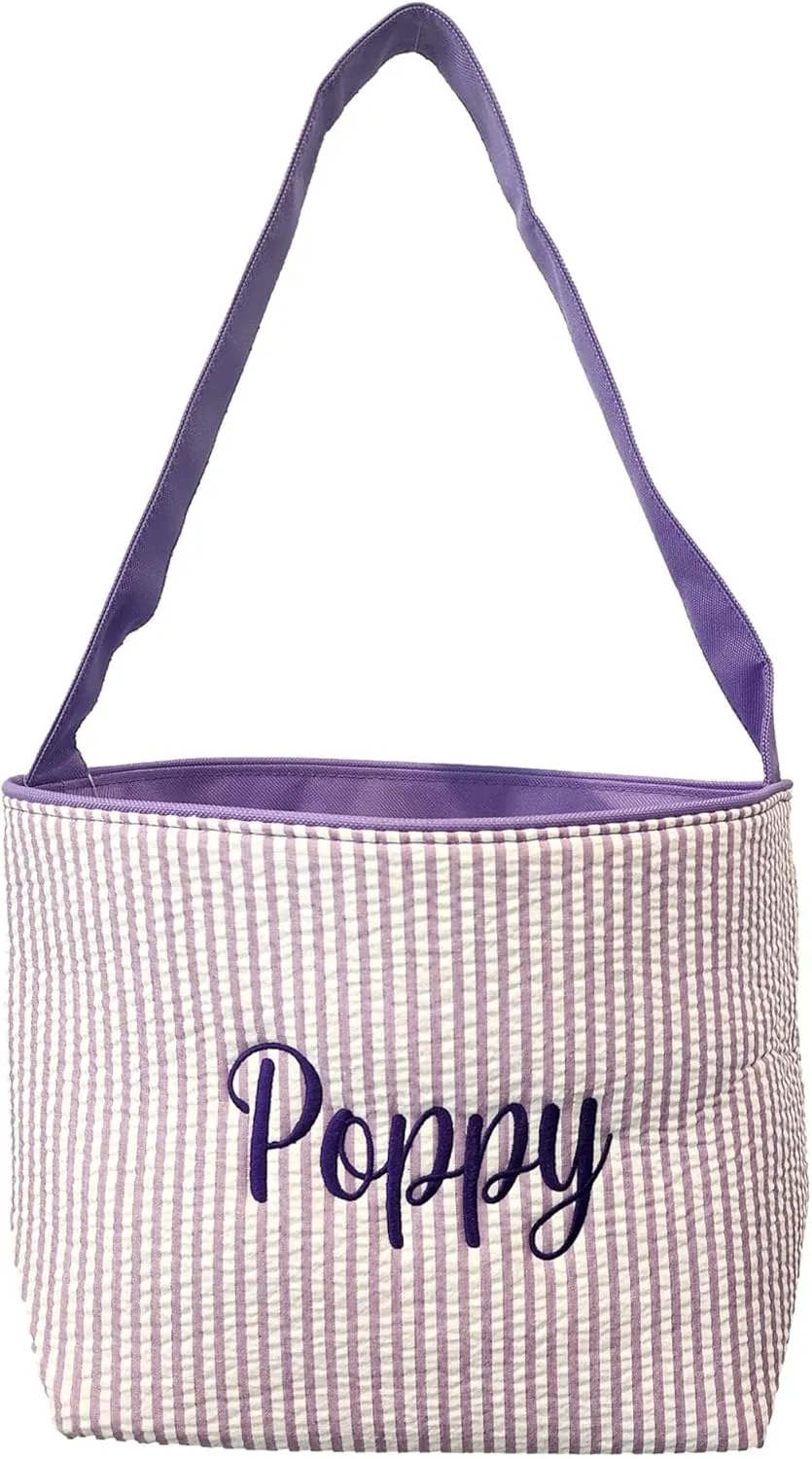 SONA G DESIGNS Personalize with a Name Seersucker Stripe Fabric Easter Basket Bucket Tote Bag - Egg Collecting