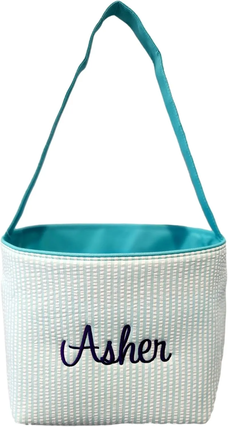 SONA G DESIGNS Personalize with a Name Seersucker Stripe Fabric Easter Basket Bucket Tote Bag - Egg Collecting