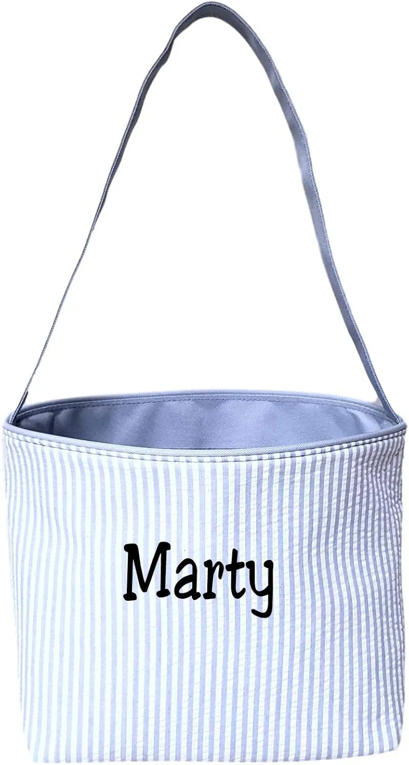 SONA G DESIGNS Personalize with a Name Seersucker Stripe Fabric Easter Basket Bucket Tote Bag - Egg Collecting