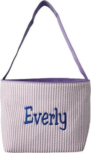 SONA G DESIGNS Personalize with a Name Seersucker Stripe Fabric Easter Basket Bucket Tote Bag - Egg Collecting