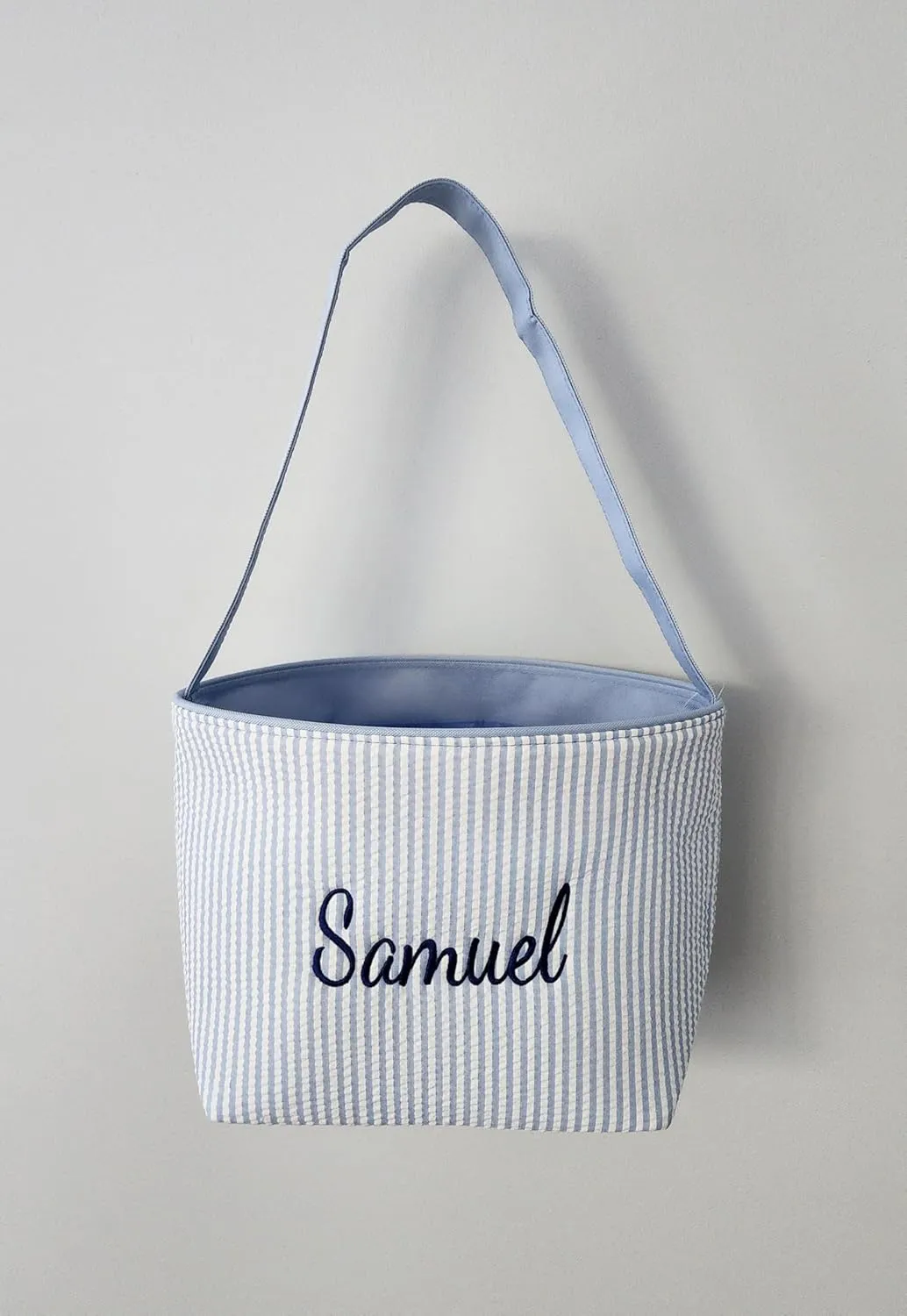 SONA G DESIGNS Personalize with a Name Seersucker Stripe Fabric Easter Basket Bucket Tote Bag - Egg Collecting